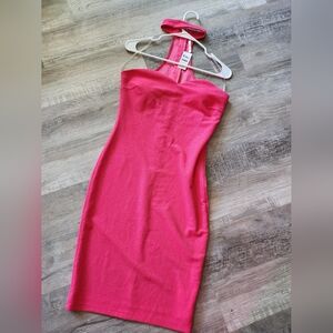 Glare Vibrant Hot Pink Ribbed Sexy Bodycon Dress Open Back